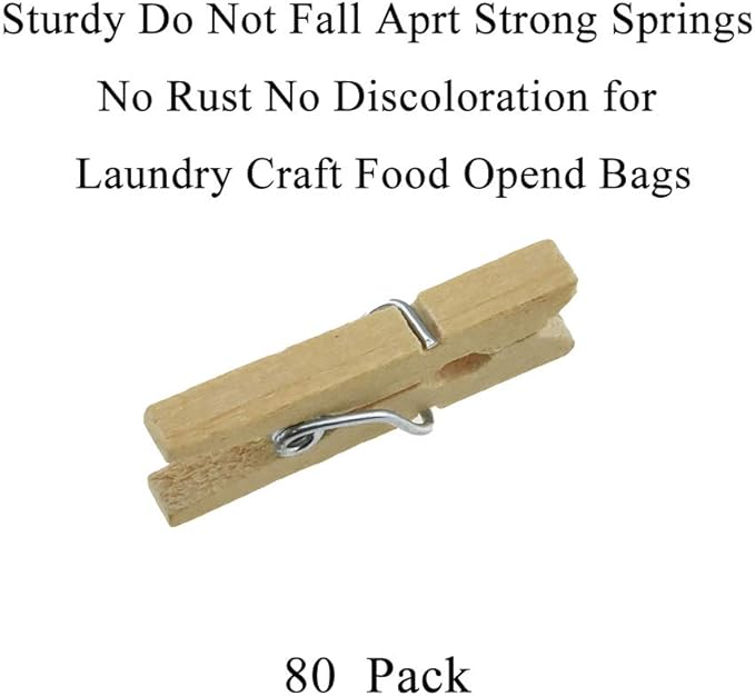 HAHIYO Wooden Clothes Pins Clothespins Mini Do NOT Fall Apart 1 inches Length 80 Pack Sturdy Strong Springs No Rust No Discoloration for Laundry Bathroom DIY Craft Photos Food Opened Bags