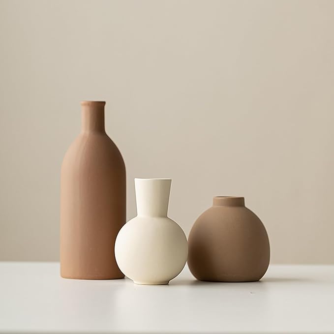 Ceramic Vase Set of 3, Modern Minimalist Farmhouse Style Home Decor Vases, Ideal for Pampas Grass & Dried Flowers, Perfect for Kitchen, Bedroom, Living Room & Dining Table Centerpiece(Brown)