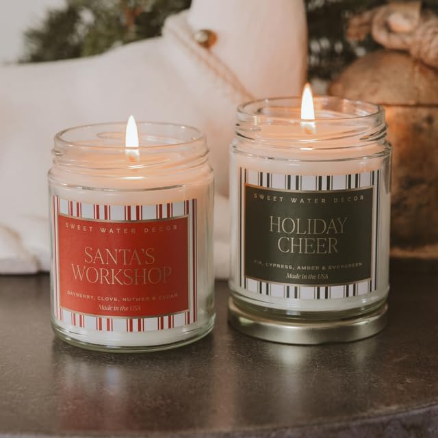 Sweet Water Decor Santa's Workshop Candle - Bayberry, Fir, Nutmeg, and Clove Winter Holiday Scented Soy Candles for Home - 9oz Clear Jar, 40 Hour Burn Time, Made in The USA