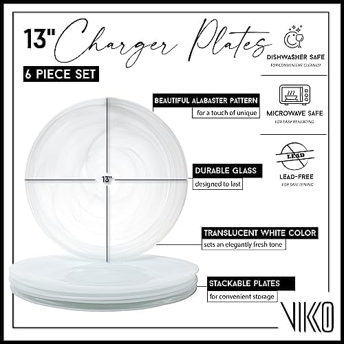 Vikko Charger Plates, Set of 4 White Alabaster Dinner Plates, 13" Plate with Marbelized, Swirl Design, Elegant Glass Charger, Dishwasher Safe
