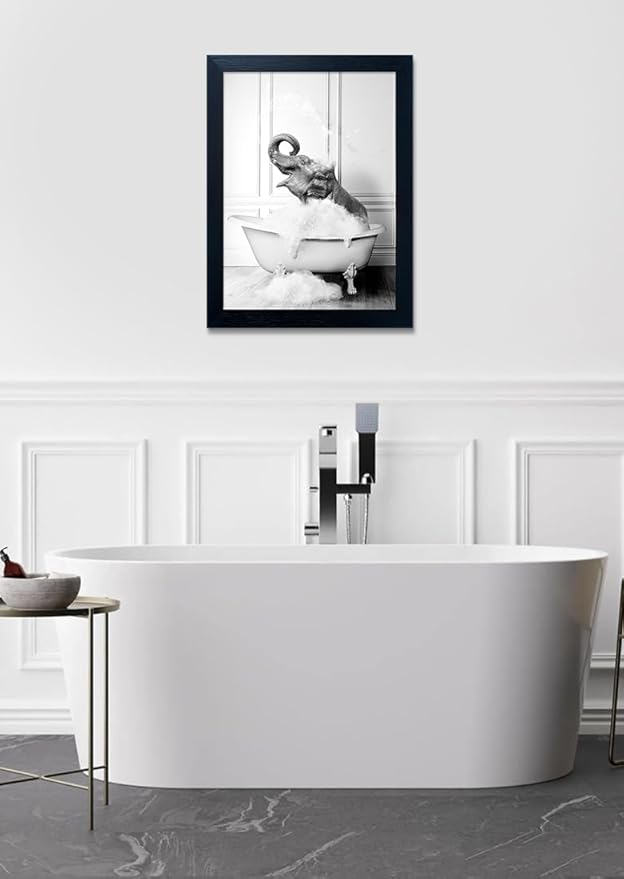 Framed Bathroom Wall Decor Elephant in Bathtub Pictures Wall Art Black and White Funny Animal Canvas Print Artworks for Bathroom