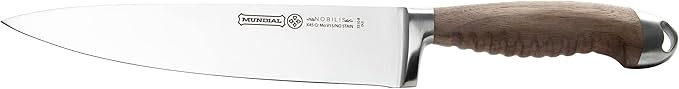 Mundial Nobilis 8” Chef Knife – Tempered Stainless Steel Blade, Textured Wood Handle, Forged for Durability, Sharp Precision Slicing, Ideal for Meat Cutting