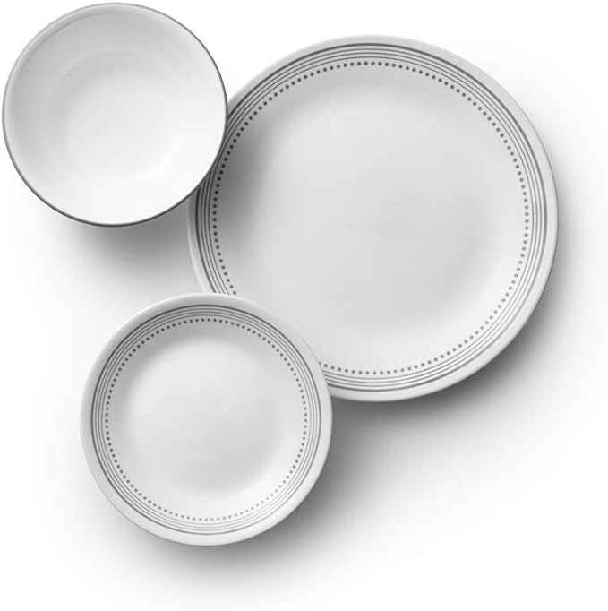 Corelle Vitrelle 18-Piece Service for 6 Dinnerware Set Triple Layer Glass and Chip Resistant, Lightweight Round Plates and Bowls Set, Mystic Gray