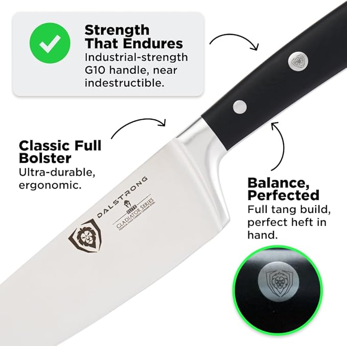 DALSTRONG Chef Knife - 8 inch Blade - Gladiator Series ELITE - Forged HC German Steel Chef's Knife - Razor Sharp Kitchen Knife - Professional Full Tang Knife - Black G10 Handle - Sheath -NSF Certified