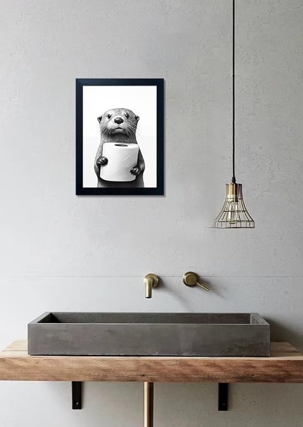 Framed Animal Bathroom Wall Art, Funny Bathroom Wall Decor, Toilet Paper in Raccoon's Hand, Black and White Canvas Print Picture Artwork for Hme