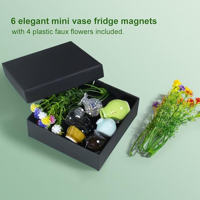 rhinocats Mini Vase Magnets for Fridge,Locker Magnets, Cute Magnetic Ceramic Vases for Refrigerator Kitchen Locker Office (6 Pack)