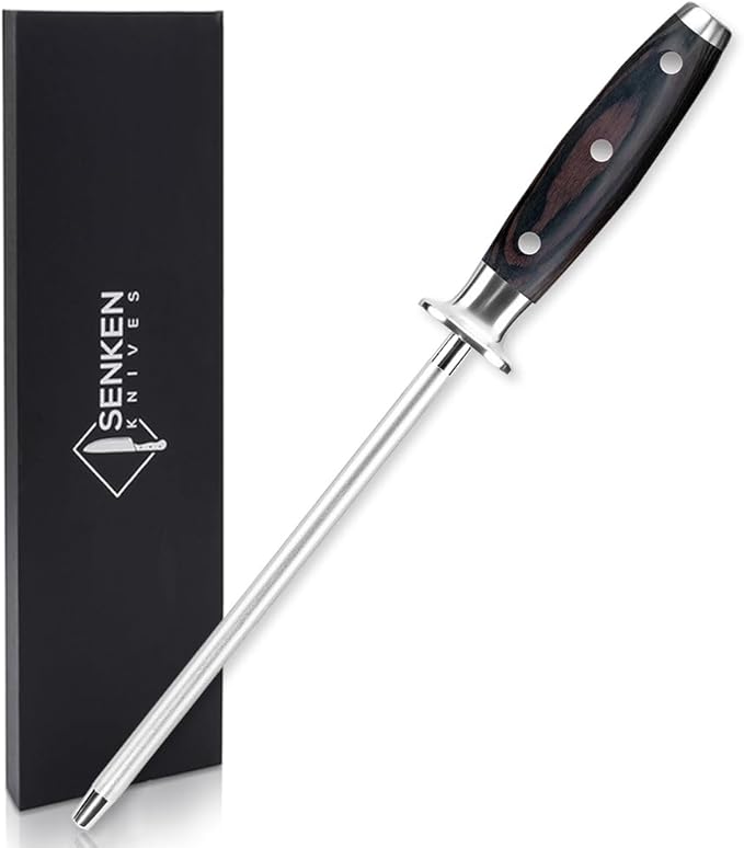 SENKEN Professional Emery Knife Sharpening Steel - Incredibly Strong Emery Rod for Sharpening & Honing Knives Up to 63 HRC Including All Damascus Knives (Smoothly Finished Wood)