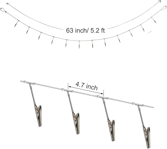 Multi-Purpose Steel Wall Hanging Photo Display Cable Wire Rod String with 12 Clips for Hanging Photos Notes and Artworks (Alligator clip)