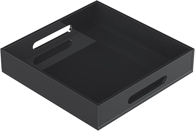Acrylic Serving Tray with Handles-12x12x2.36Inch-Decorative Tray Letter Tray Organizer for Ottoman Coffee Table Countertop, Black