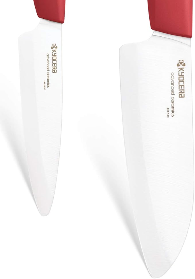 Kyocera Revolution Series 2-Piece Ceramic Knife Set: 5.5-inch Santoku Knife and a 4.5-inch Utility Knife, Red Handles with White Blades