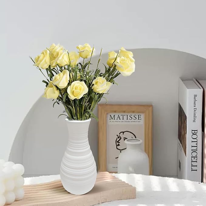 Small White Plastic Flower Vase - Dired/Fake Flower Decorative Modern Floral Vase, Ceramic Look Unbreakable Plastic Vase Minimalism Style for Table Shelf Home Decor Flower Vase Centerpieces