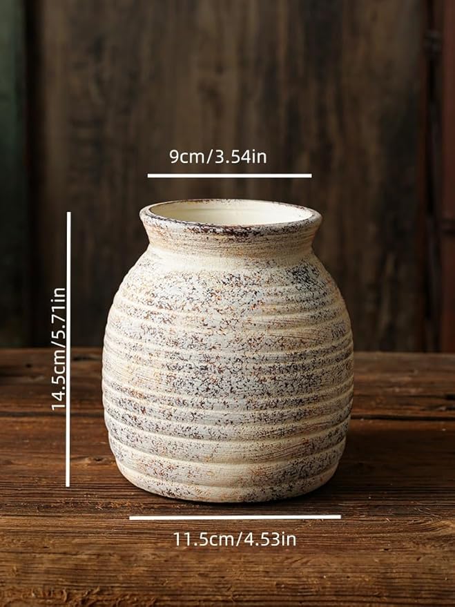 Rustic Vintage Ceramic Vases ,White Terracotta Decorative Flower Boho Vintage Wide-Mouth Vase for Living Room Bedroom Kitchen Office Decor Centerpiece Table Decorations 5.71Inch
