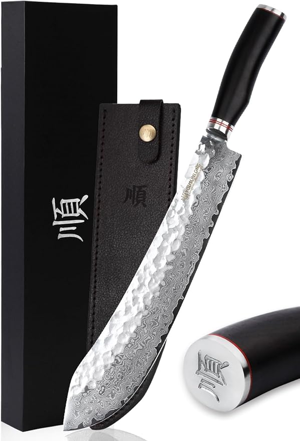 YOUSUNLONG Breaking Knife Max Bull Nose Butcher's knife 12" Japanese 67 Layers Hammered Damascus Steel with Natural Leadwood Handle