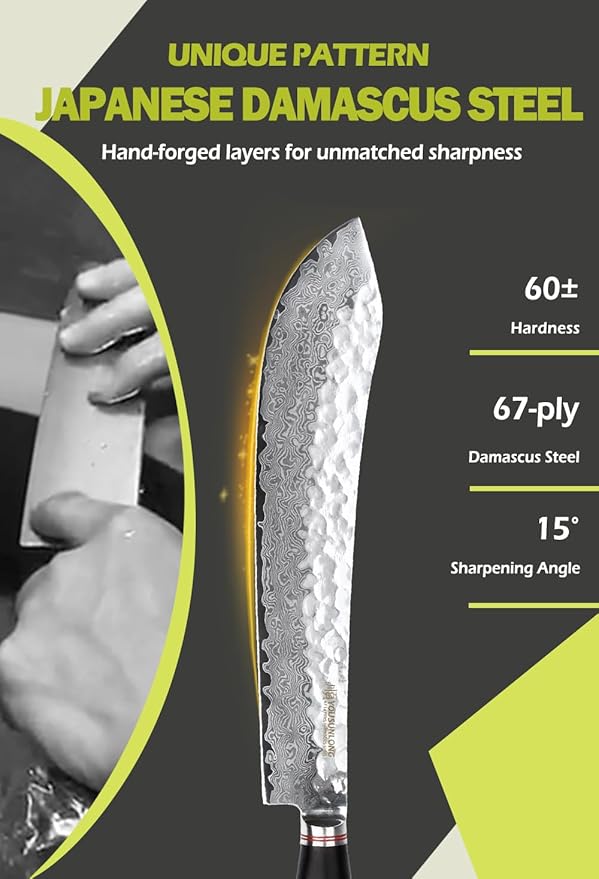 YOUSUNLONG Breaking Knife Max Bull Nose Butcher's knife 12" Japanese 67 Layers Hammered Damascus Steel with Natural Leadwood Handle