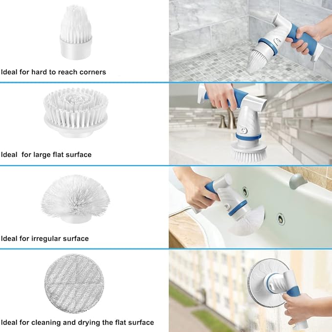 Electric Spin Scrubber, IEZFIX Electric Cleaning Brush Bathroom Shower Scrubbing Cleaner Brush Power Scrubber Cordless with 4 Replaceable Brush Heads for Bathtub, Tile, Floor, Toilet, Kitchen - Blue