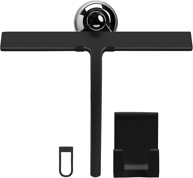 11 inch Squeegee Set with Over Wall Hanger, Suction Cup, and Hook, Glass Cleaning Squeegee for Shower Doors, Windows, Glass Doors, Bathrooms, Mirrors, Car Windshield - Matte Black