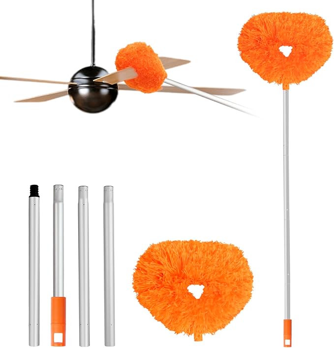 Ceiling Fan Cleaner Duster Reusable Microfiber Ceiling Fan Blade Cleaner Removable Duster with Extension Pole Adjusts 13 to 49.7 Inch for Cleaning Walls Bookshelves Furniture Door Window Top (Orange)