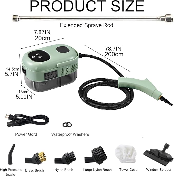 Touchscreen Steam Cleaner 1100ML 2500W High Temperature Pressure Handheld Steam Cleaning Machine with Brush Heads and Gloves 7 in 1 for Car Floor Kitchen Bathroom Window Furniture (Green)