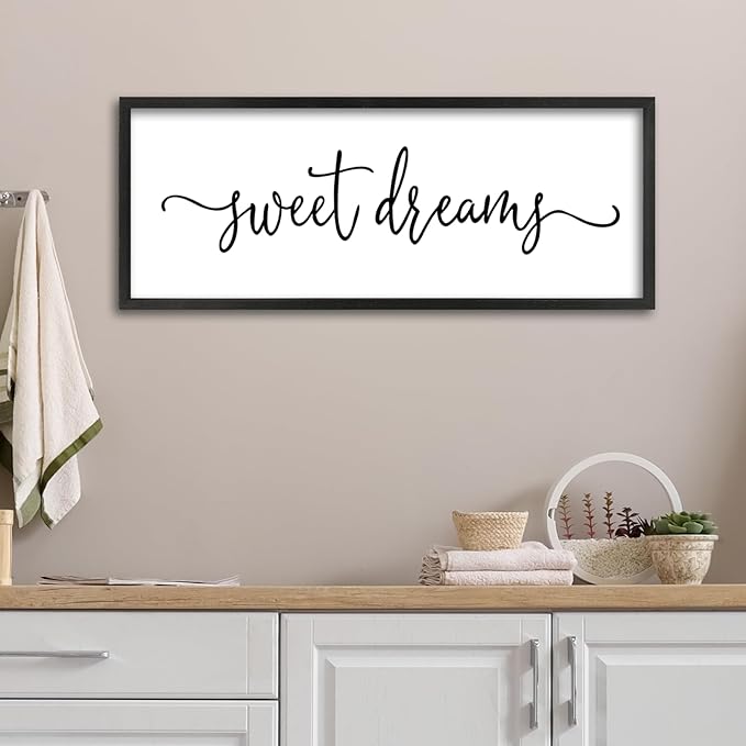 Sweet Dreams Above Bed Wall Decor Sign 40"x15" for Master Bedroom Over Bed Guest Room Wood Framed Wall Art (Black)