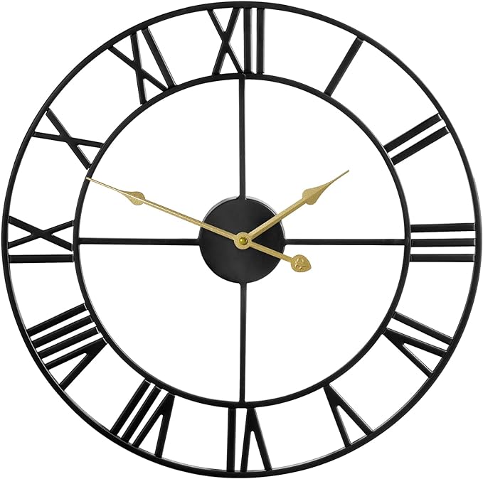 Large Wall Clock, Metal Retro Roman Numeral Clock, Modern Round Silent Wall Clocks, Easy to Read for Living Room/Home/Kitchen/Bedroom/Office/School Decor (Black, 18.5 Inch)