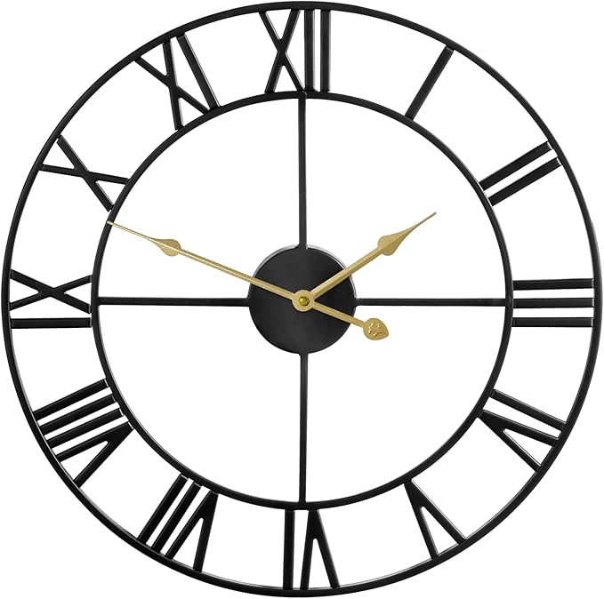 1st owned Large Wall Clock Metal Retro Roman Numeral Clock, Modern Round Wall Clocks Almost Silent, Easy to Read for Living Room/Home/Kitchen/Bedroom/Office/School Decor (Black, 24 Inch)