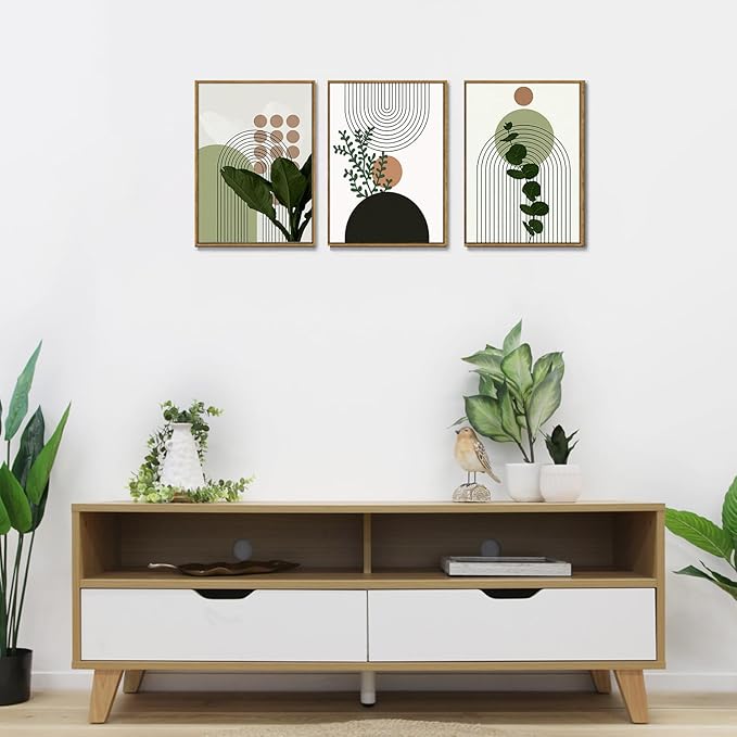 Bwodke Boho Wall Art, Framed Abstract Wall Art, Plant Canvas Wall Decor, Mid Century Line Leaf Geometric Pictures Set of 3, Minimalist Paintings, for Bedroom Living Room Bathroom 16"x24"