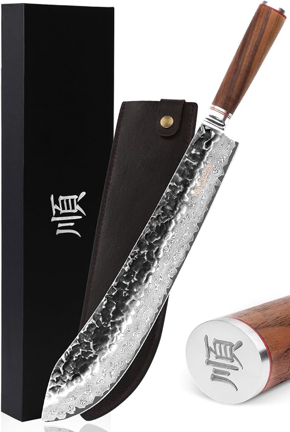 YOUSUNLONG Bull nose Breaking Knife 14 Inch (356mm) Extra length Super Japanese Hammered Damascus steel Natural Walnut Wood Handle with Leather