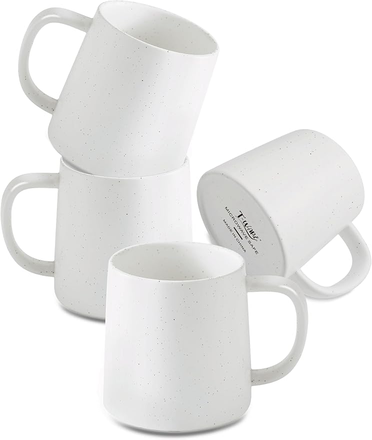 T-WARE 16 Oz Coffee Mugs, Matte White Speckled Mug Set of 4, Ceramic Mugs Coffee, Solid Color Coffee Cups Ceramic