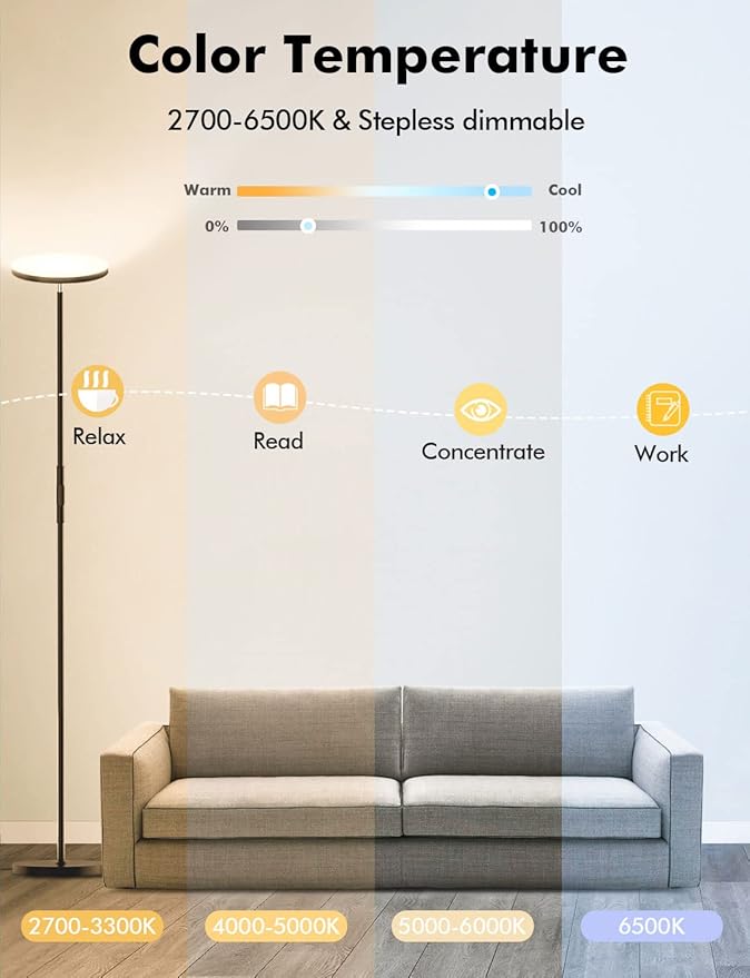 YHW Smart RGB LED Floor Lamp Works with Alexa Google Home, WiFi Remote Modern Tall Standing Light, Super Bright 2000LM Color Changing & Dimmable Sky Torchiere for Living Room, Bedroom (Black)