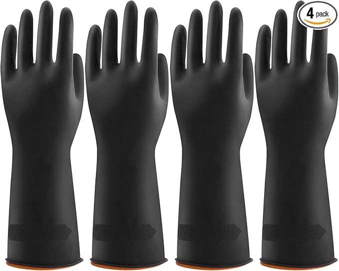 4 Pairs Black Rubber Dishwashing Gloves - Reusable Cleaning Gloves for Kitchen, Household, Anti-Slip, Flexible & Long-Lasting (X-Large, Black)