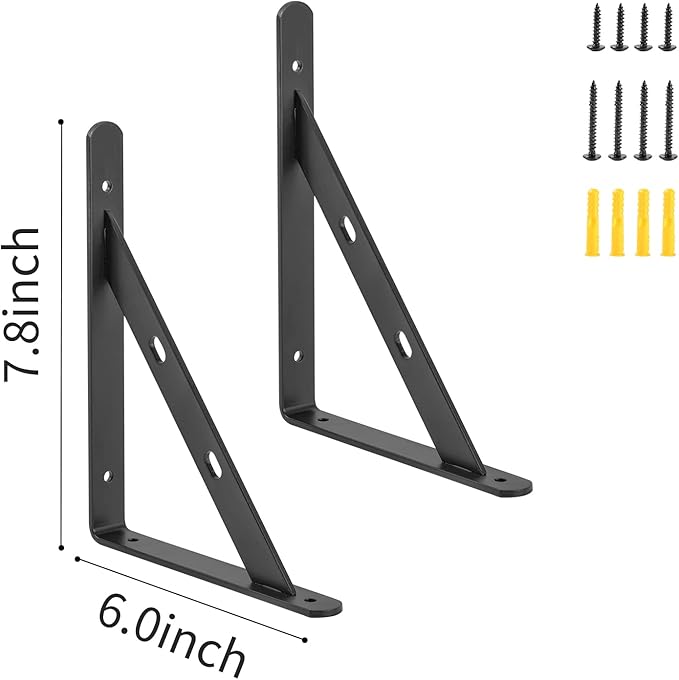 12 Pack 8" x 6" Heavy Duty Aluminum Alloy Shelf Brackets, Max Load 360 lbs, Black, Wall Mount