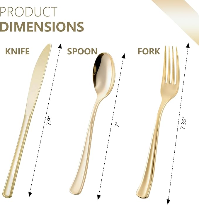 144 Pack Gold Premium Plastic Cutlery Disposable Silverware Set - 48 Forks, 48 Knives, 48 Spoons - For Catering, Parties, Dinners, Weddings, and Everyday Use, Plastic box packaging
