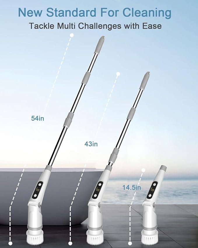 IEZFIX Electric Spin Scrubber, Bathroom Power Shower Scrubber Cleaning Brush for Tub/Tile/Floor/Toilet/Kitchen, 8 Cleaner Scrub Brush Heads, 3 Speeds 450RPM Max, Telescopic Rod Gray