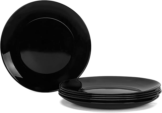7.5 inch Appetizer Plate Set of 6, Lightweight Opal Glass Round Black Salad Plates for Dessert Kitchen, Dishwasher and Microwave Safe