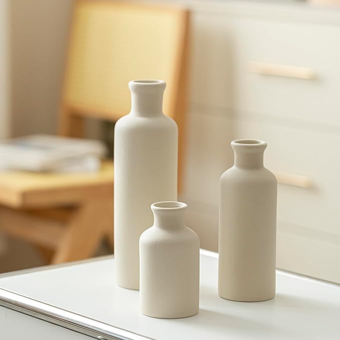 Modern Ceramic Vase Set of 3, Beige Colors, Decorative Bottles for Home, Farmhouse Rustic Decor (Beige)