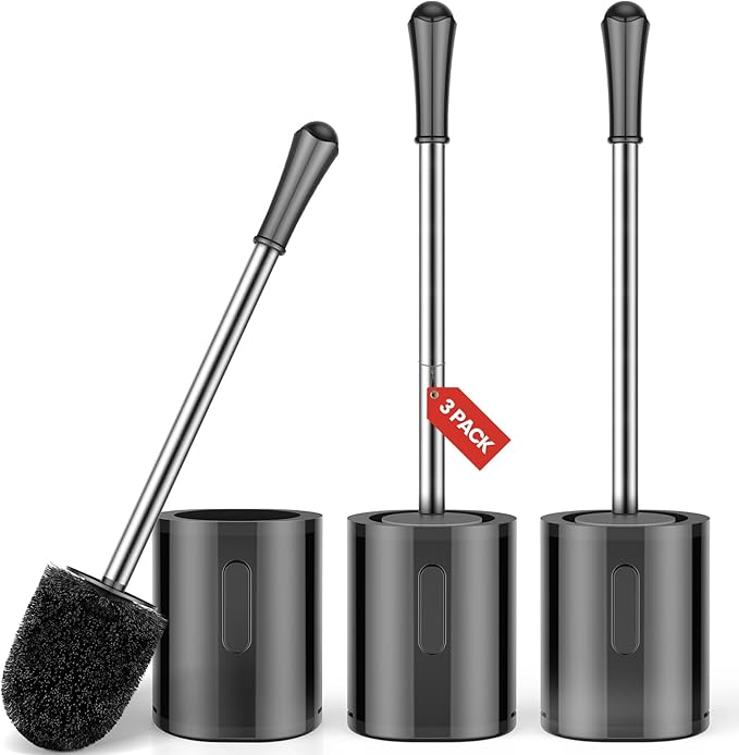 Toilet Brush and Holder, 3 Pack Compact Size Toilet Bowl Brush with Stainless Steel Handle, Small Size Plastic Holder Easy to Hide, Space Saving for Storage, Drip-Proof, Easy to Assemble Black