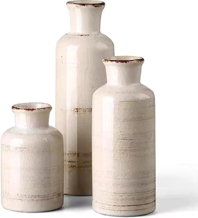 Distressed White Ceramic Vase Set of 3,Small Ceramic Vases for Home Decor,Rustic Farmhouse Vase for Flowers,Decorative Vases for Centerpieces,Table Shelf,Fireplace and Entrance