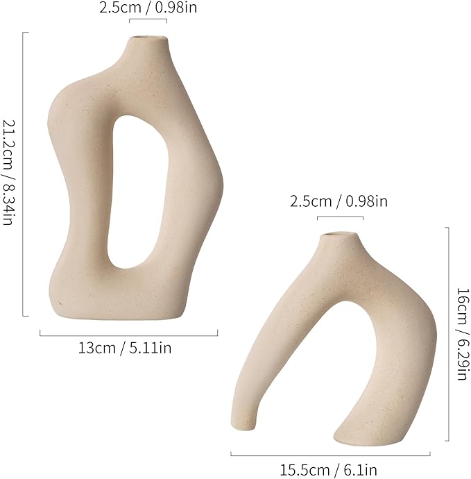 Ceramic Vase Set of 2 Pack Minimalist Decor Irregular Ceramic Vase Modern Decor Suitable for Dining Table Decor, Kitchen, Living Rooms, Bedrooms, Offices (Cream White)
