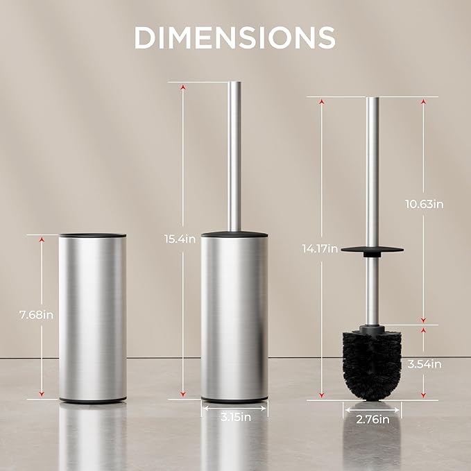 FORIOUS Toilet Brush and Holder Set Brushed Nickel, 304 Stainless Steel Long Handle and Heavy Duty Base for Bathroom Deep Cleaning, Drip-Proof, Space Saving for Storage, 2 Toilet Bowl Brush Head