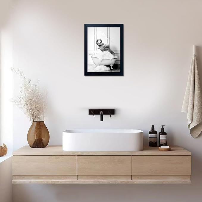 Framed Elephant Wall Art Black and White Bathroom Wall Decor Funny Animal Canvas Print Artworks for Bathroom