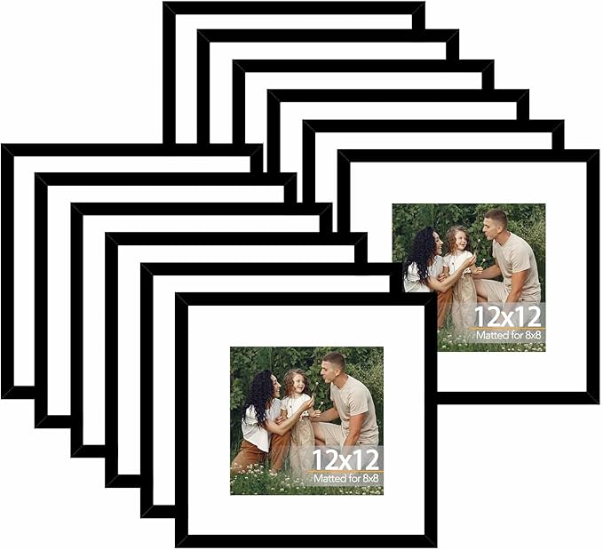 12 Pack 12x12 Picture Frame with 8x8 Mat, Display 8x8 with Mat or 12x12 Without Mat, 12 by 12 Frames Bulk Set of 12 Collage Gallery Wall Decor Photo Frames Set for Wall, Black