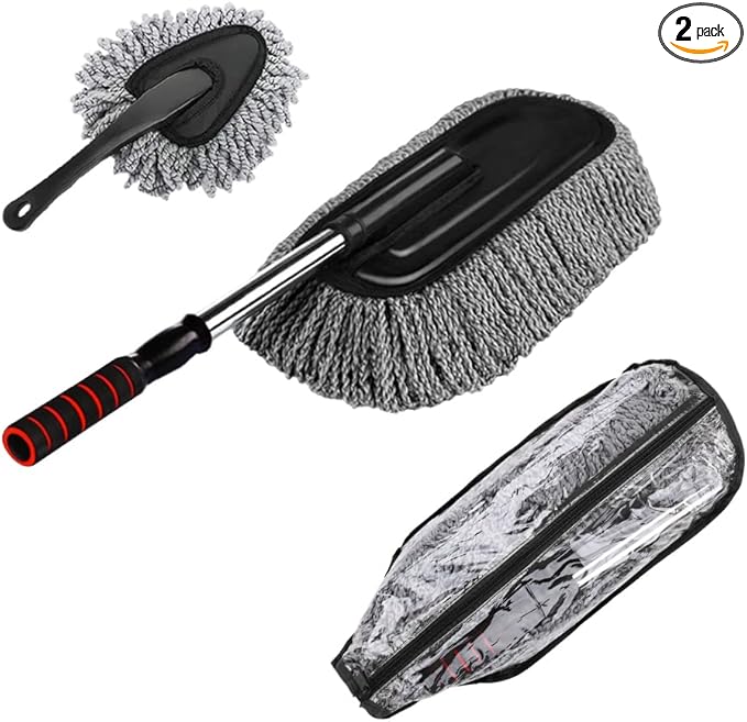 Microfiber Car Duster Cleaning and Car Dash Brush Supplies for Dashboard Exterior Dust Interior Cleaner with Long Retractable Handle to Trap Dust and Pollen for Cars Truck Bike RV Boats Motorcycle