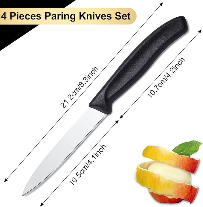 BEWOS Paring Knife - Straight Edge Paring Knives Set of 4, Ergonomic Handle, Classic Black PP Plastic Handle, Fruit Knife & Cutting Knives for Kitchen, 4.1-inch Pointed Tip