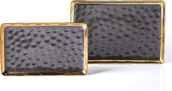 Stone Lain Florian Porcelain Large and Medium Rectangle Service Platters, Black with Gold Rim