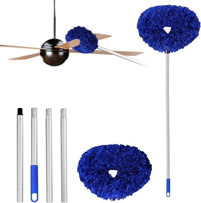 Ceiling Fan Cleaner Duster Reusable Microfiber Ceiling Fan Blade Cleaner Removable Duster with Extension Pole Adjusts 13 to 49.7 Inch for Cleaning Walls Furniture Door Window Top (Dark Blue)