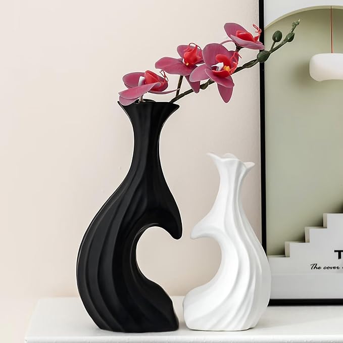 Ceramic Vases for Home Decor, Modern Heart Shaped Vase Set of 2, Matte Farmhouse Dried Fake Flowers Vase for Office, Living, Dining Room, Kitchen