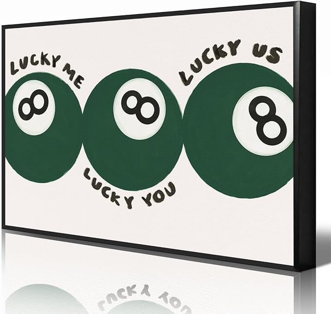Green 8 Ball Poster, Lucky Me Lucky You Lucky Us Quote Canvas Wall Art, Playful Billiards Balls Picture Print, Retro 8ball Pool Painting for Bar Cart Game Room Man Caves Wall 24x36in Framed