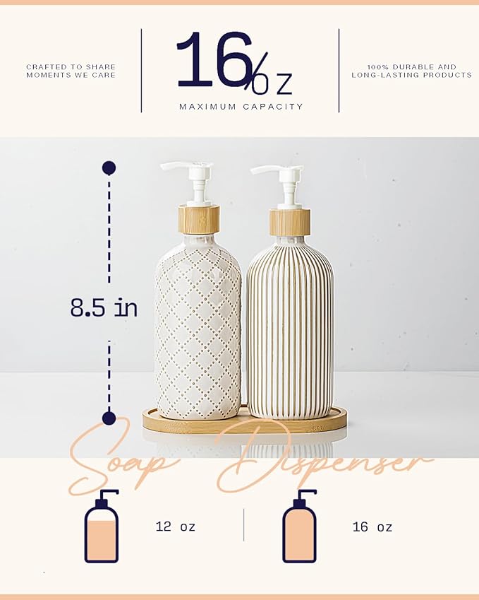 Getstar Hand and Dish Soap Dispenser Set, Ceramic Soap Dispenser for Bathroom and Kitchen with Rust Proof Pump and Tray, Set of 2 (White Pump)