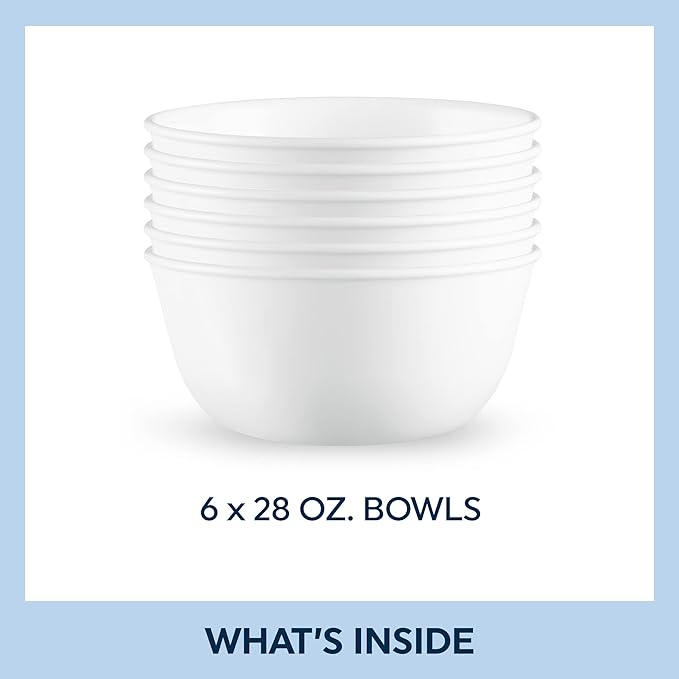 Corelle Vitrelle 28-oz Soup/Cereal Bowls Set of 6 Chip & Crack Resistant Dinnerware Bowls for Soup, Ramen, Cereal and More, Triple Layer Glass, Winter Frost White