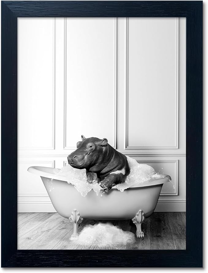 Black and White Bathroom Decor Funny Hippo in Bathtub Wall Art Framed Humor Bathroom Signs Cute Animal Canvas Print Painting Artwork